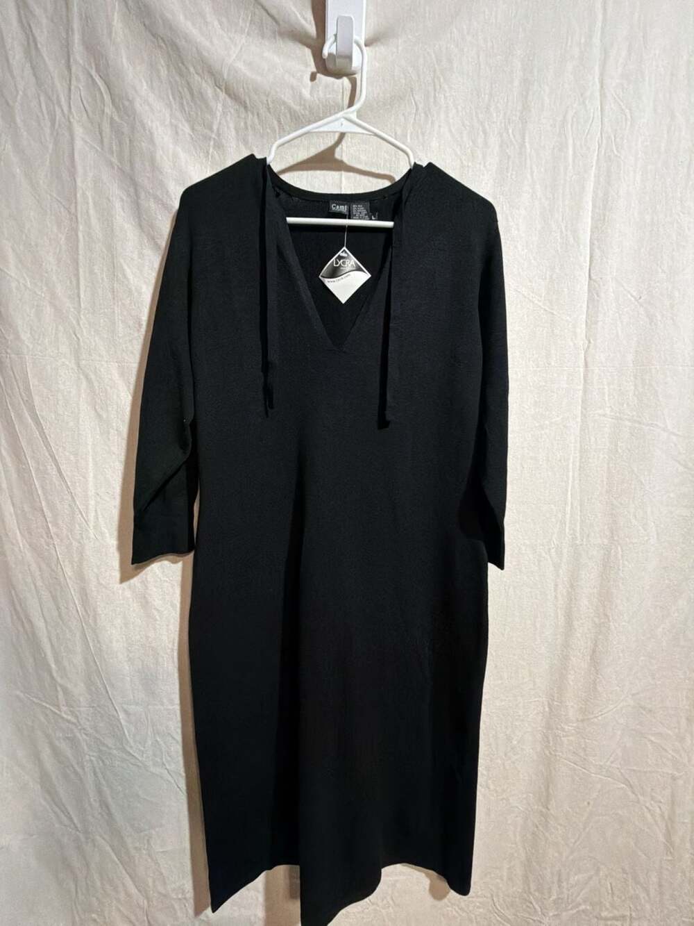 NWT Cami International Black Silk V-Neck Midi Dress with Tie Detail Size L